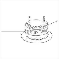 Single continuous line drawing of birthday cake with candles party anniversary and celebration concept outline design illustration