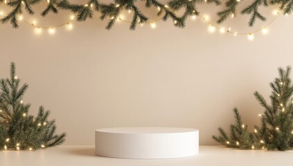 Empty Christmas display podium with lights and greenery