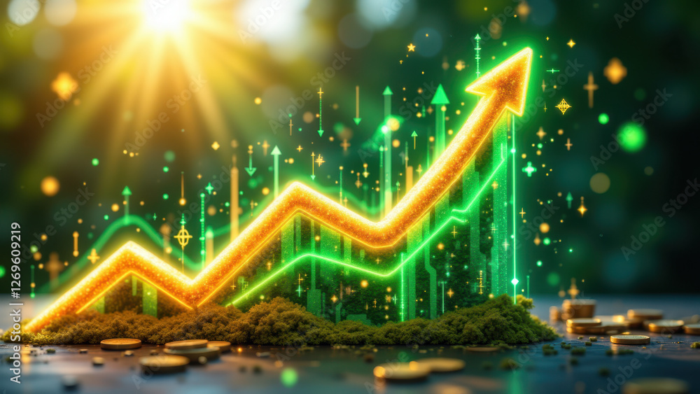 Poster a vibrant depiction of a graph with upward-trending lines that represent financial growth, set again