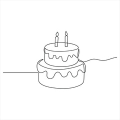 Single continuous line drawing of birthday cake with candles party anniversary and celebration concept outline design illustration