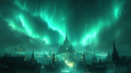 Emerald aurora borealis illuminates medieval city at night