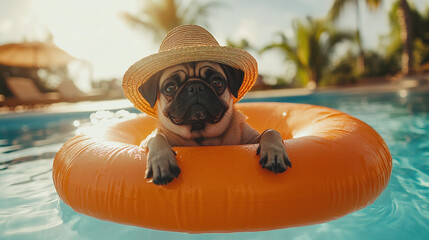 Adorable pug relaxing on an orange float in a pool with a straw hat and sunny background.