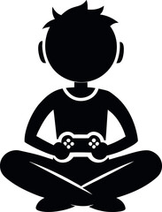 Minimalistic Black Silhouette Vector Illustration of a Gamer Sitting with Controller, Engaged in Video Gaming, Interactive Entertainment, Digital Play, Gaming Lifestyle, and Virtual Reality Fun.