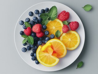 White Plate with Orange Slices and Blueberries