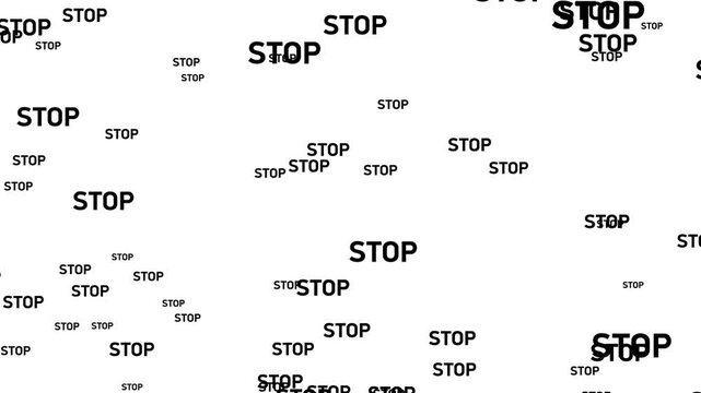 Abstract floating "STOP" typography, 3D letters in space, black text on white background, high contrast, modern motion design, digital animation, clean minimalistic visuals.
