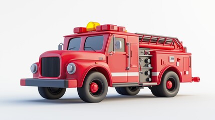 3D rendering a cartoon illustration of a red fire truck. The truck has a ladder on the back and a yellow light on top. The front of the truck has two windows and a door on the side