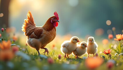Hen with chickens in a rural yard. Chickens on the grass in the village against the background of photos of the sun. Organic poultry farm. Sustainable economy. Natural farming. Free-range chickens.
