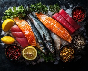 Indulge in a vibrant array of fresh seafood, featuring succulent salmon, rich tuna, and delicate mackerel, complemented by zesty lemons, aromatic herbs, and flavorful spices. This visually stunning an