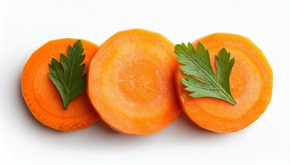 chopped carrot slices with leaves on a white isolated background top view