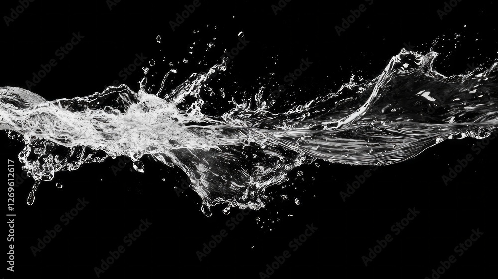 Poster Rippling waves burst and splash, creating mesmerizing patterns in the air as droplets shimmer. The contrast highlights the beauty of fluid motion in a captivating display of nature's artistry