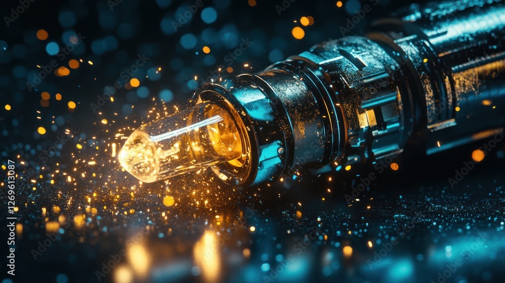 Poster glowing metallic device sparks brightly in dark setting