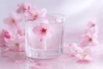 Crystal glass sakura cocktail with floating blossoms