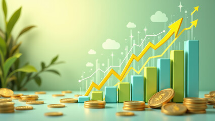Chart of continuous financial growth with coins, clouds, and upward trend.