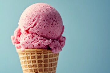 Close-up of a single scoop of vibrant pink raspberry ice cream in a golden waffle cone, melting slightly under soft natural light. 