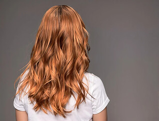 Fototapeta premium Back view of a young woman with long wavy red hair wearing a white shirt against a gray background