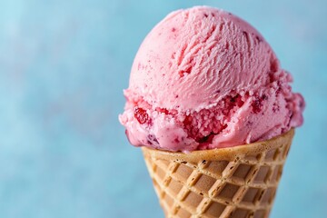 Close-up of a single scoop of vibrant pink raspberry ice cream in a golden waffle cone