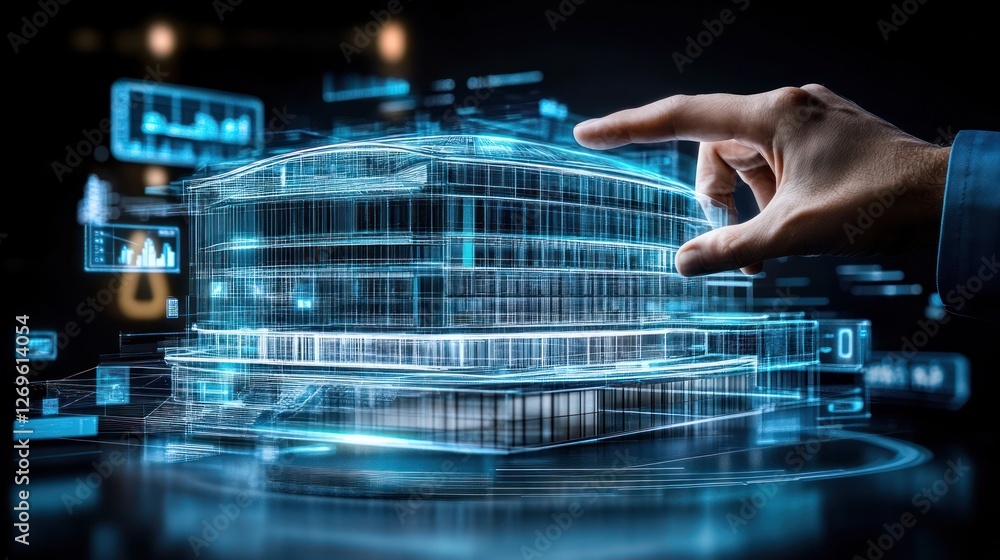 Poster Hand interacting with holographic model of building and data visuals