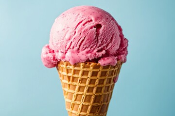 Close-up of a single scoop of vibrant pink raspberry ice cream in a golden waffle cone