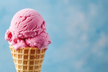 Close-up of a single scoop of vibrant pink raspberry ice cream in a golden waffle cone