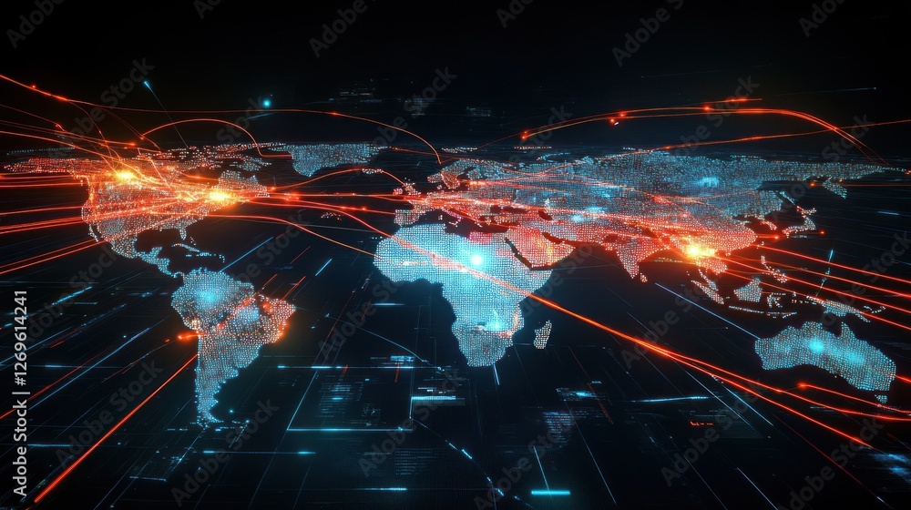 Poster Digital world map showing global connections with orange data streams