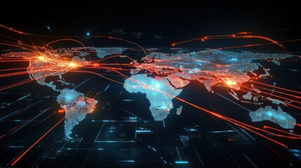 Digital world map showing global connections with orange data streams