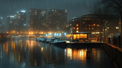 Obraz premium Rainy Night Cityscape Boats Docked Along Canal