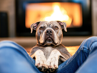 Relaxing dog at home by a cozy fireplace indoor lifestyle warm atmosphere