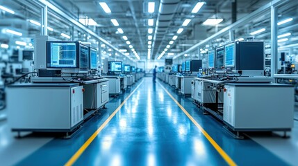 Factory floor worker, modern facility, clean lines, production, industrial background, manufacturing process