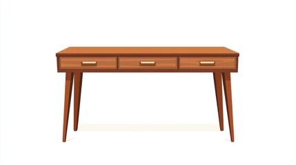 Fototapeta premium Mid-century modern wooden desk, three drawers, white background, home office