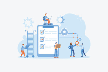 Workplace concept with standing women in front audience . Vector illustration flat design. Isolated on white background. Market analysis expert. 