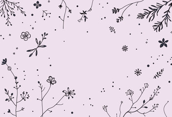 Various black and white flowers and leaves scattered across a light purple background. Vector patterns, random pattern
