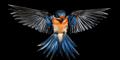 Obraz premium A vibrant swallow soars with outstretched wings, showcasing its stunning plumage against a dark backdrop, symbolizing freedom and the essence of spring
