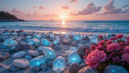 Magical Sunset Beach Scene with Glowing Stones and Pink Flowers
