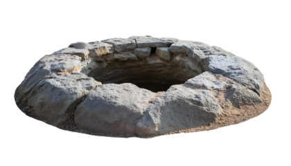 ancient stone well with rough rock edges, historical underground pit or old excavation site, realistic 3d weathered rock hole in the ground with erosion and cracks on isolated background
