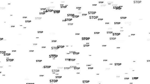 Rotating "STOP" text in 3D space, floating black letters, clean white background, abstract typography, minimal motion, futuristic style, digital rendering, high-contrast animation.