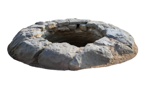 ancient stone well with rough rock edges, historical underground pit or old excavation site, realistic 3d weathered rock hole in the ground with erosion and cracks on isolated background
