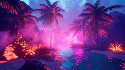 Vivid tropical landscape with pink palm trees and water