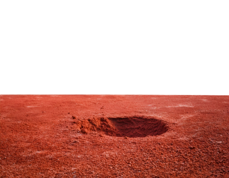small hole in red soil on isolated background for excavation, geological study, terrain erosion, and underground access concept
