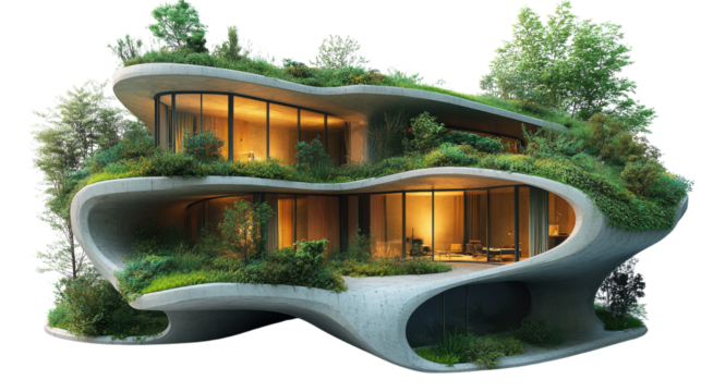 Modern architectural design featuring unique organic shape, surrounded by greenery and natural light