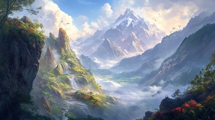 Lush mountainous landscape with waterfalls and snowcapped peaks