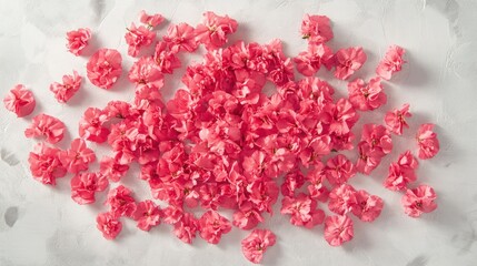 Arrangement of pink carnation flowers scattered on a white surface