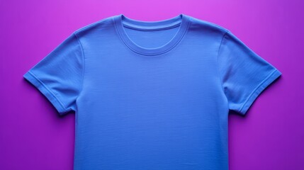 Back of a blank light blue t-shirt against a plain purple background, minimalistic design