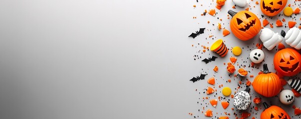 Halloween decoration border on a light grey background with copy space