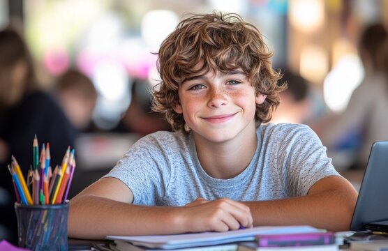 Happy schoolboy studying at desk with laptop and books in classroom