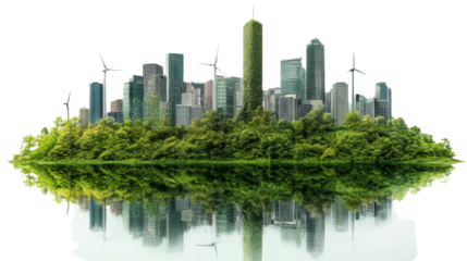 modern city skyline with green buildings and wind turbines, reflecting in water