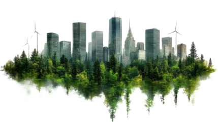 modern city skyline surrounded by lush green trees and wind turbines, symbolizing sustainability and nature