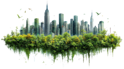 vibrant city skyline surrounded by lush greenery, showcasing nature beauty