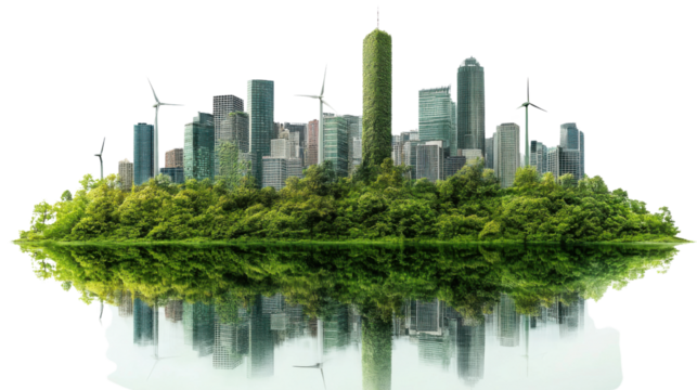modern city skyline with green buildings and wind turbines, reflecting in water