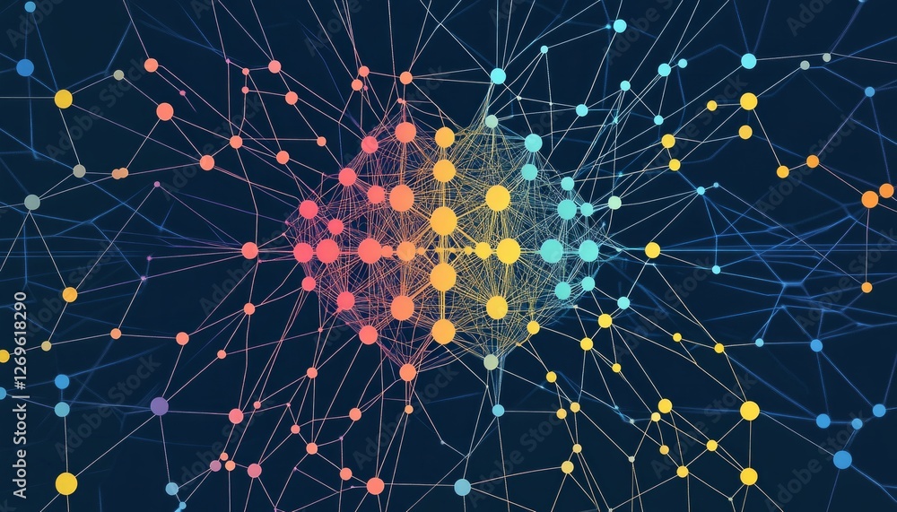 Wall mural colorful network of interconnected nodes and lines on a dark background
