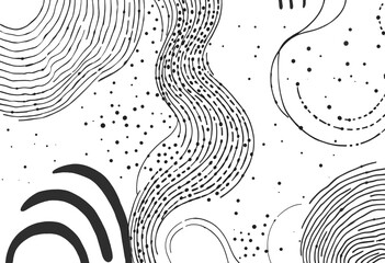 Curved lines, dots, and swirls in black and white, creating a dynamic and visually striking composition. Vector patterns, random pattern